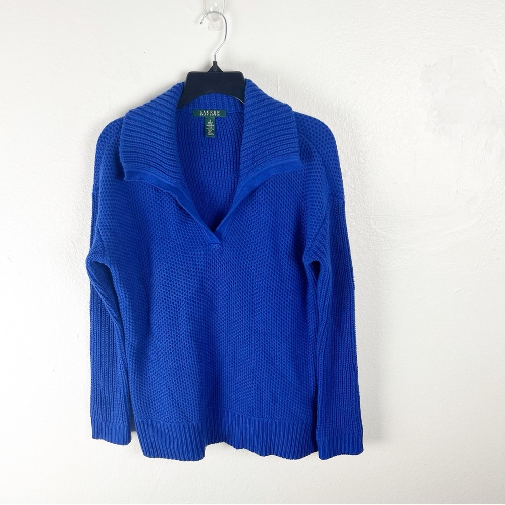 LAUREN RALPH LAUREN Blue Waffle Knit Long Sleeve V-Neck Sweater Small Cabincore